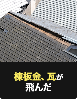 棟板金、瓦が飛んだ